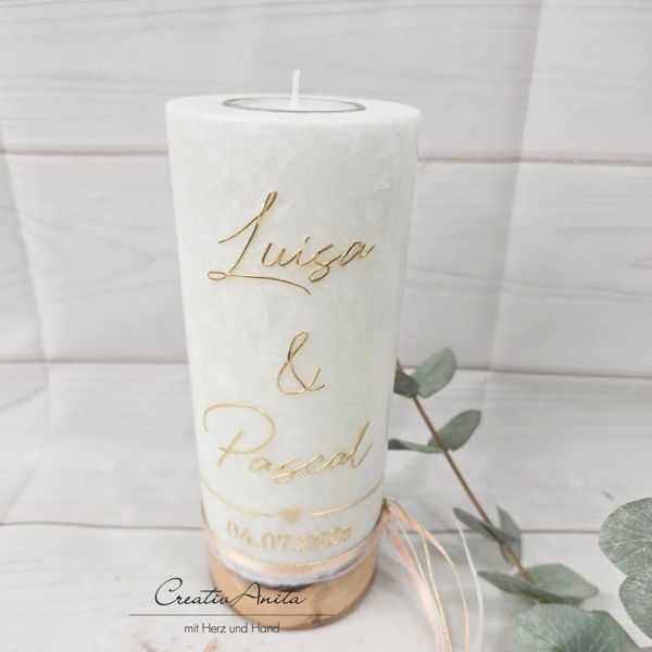 Hochzeitskerze mit echtem Holz mit/ohne Teelichteinsatz, GOLD - Apricot Herz