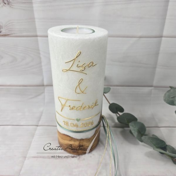 Hochzeitskerze mit echtem Holz mit/ohne Teelichteinsatz, GOLD - Eukalypthusfarbenes Herz