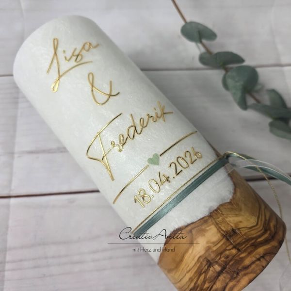 Hochzeitskerze mit echtem Holz mit/ohne Teelichteinsatz, GOLD - Eukalypthusfarbenes Herz