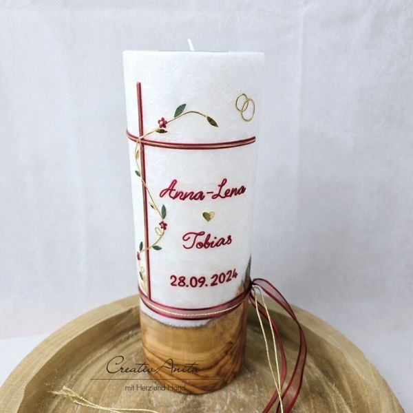 Hochzeitskerze mit echtem Holz mit/ohne Teelichteinsatz Kreuz, Blätterranke -Bordeaux-Gold-