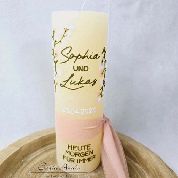 Hochzeitskerze Rustik creme groß - wahlweise mit/ohne Teelichteinsatz - mit Blumen in olive, weiß, rosé