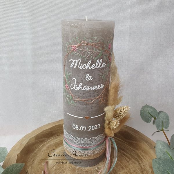 Hochzeitskerze Rustik taupe groß mit/ohne Teelichteinsatz - Geometric Rosegold