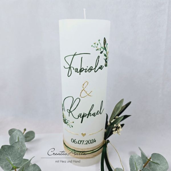 Hochzeitskerze Rustik weiß - Floral Schreibschrift grün-gold, mit/ohne Teelichteinsatz
