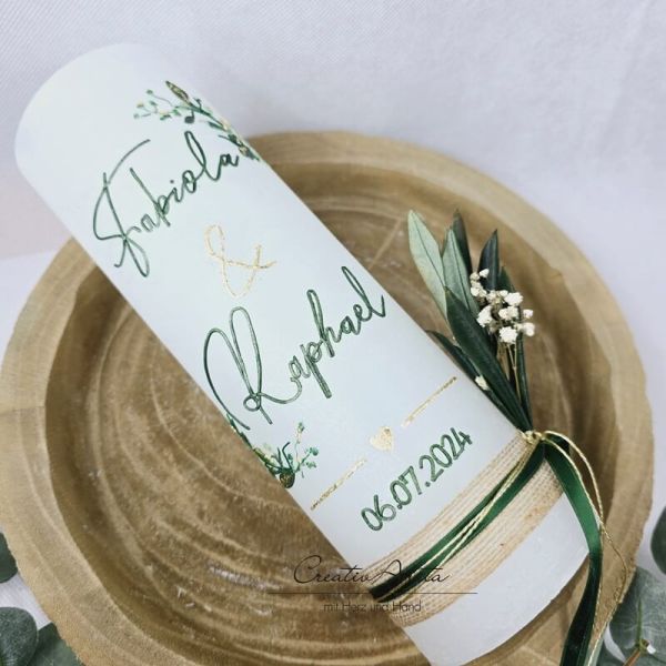 Hochzeitskerze Rustik weiß - Floral Schreibschrift grün-gold, mit/ohne Teelichteinsatz