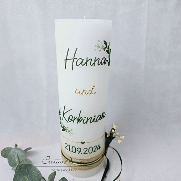 Hochzeitskerze Rustik weiß - Floral geradlinig grün-gold, mit/ohne Teelichteinsatz