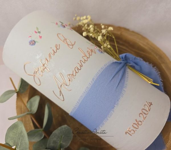 Hochzeitskerze Rustik weiß groß - Flower Nature - Roségold-Natur