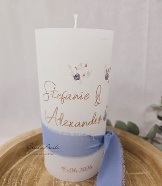 Hochzeitskerze Rustik weiß groß - Flower Nature - Roségold-Natur