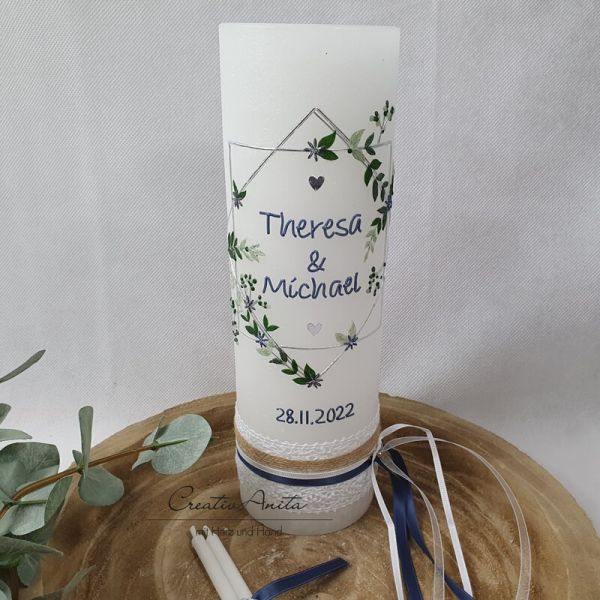 Hochzeitskerze Rustik weiß mit/ohne Teelichteinsatz - Geometric Wedding - Silber-Blau metallic