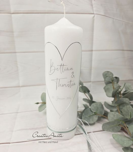 Hochzeitskerze im Schlichten Stil -Modern Heart- eukalyphtus-silber