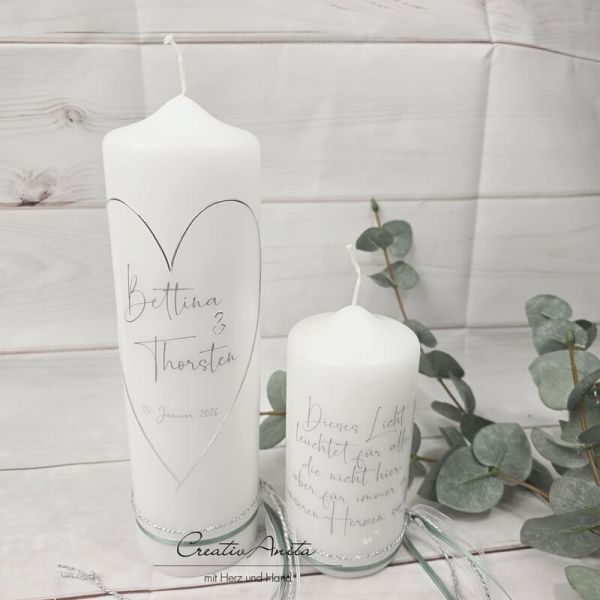 Hochzeitskerze im Schlichten Stil -Modern Heart- eukalyphtus-silber