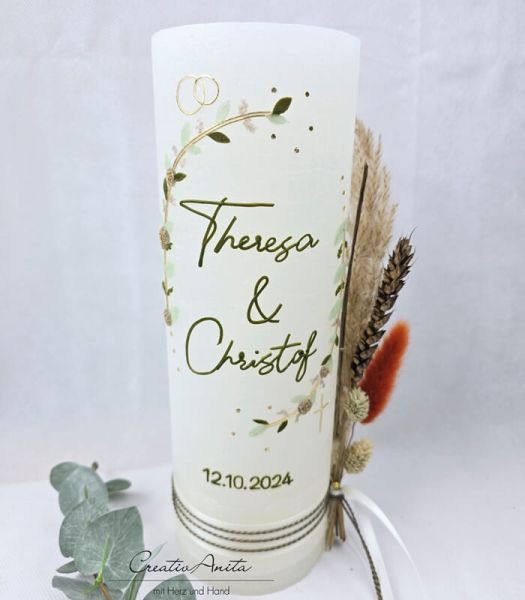 Hochzeitskerze Rustik weiß XXL mit Teelichteinsatz - Blätterranken mit filigranen Blüten
