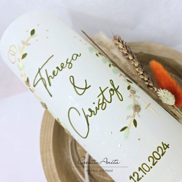 Hochzeitskerze Rustik weiß XXL mit Teelichteinsatz - Blätterranken mit filigranen Blüten