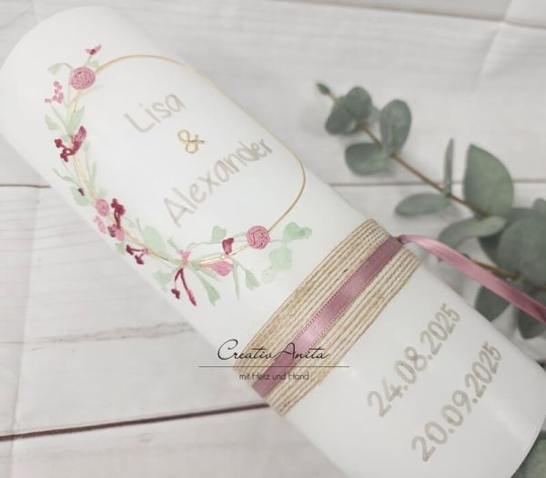 Hochzeitskerze weiß mit zarten Blümchen in altrosa-bordeaux 250x80 mm