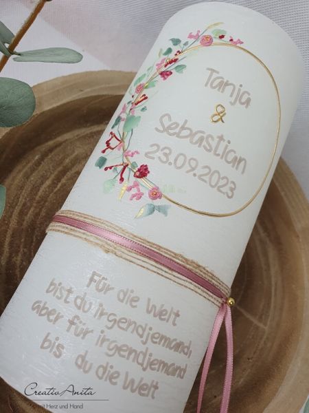 Hochzeitskerze Rustik weiß - zarte Blümchen altrosa-bordeaux