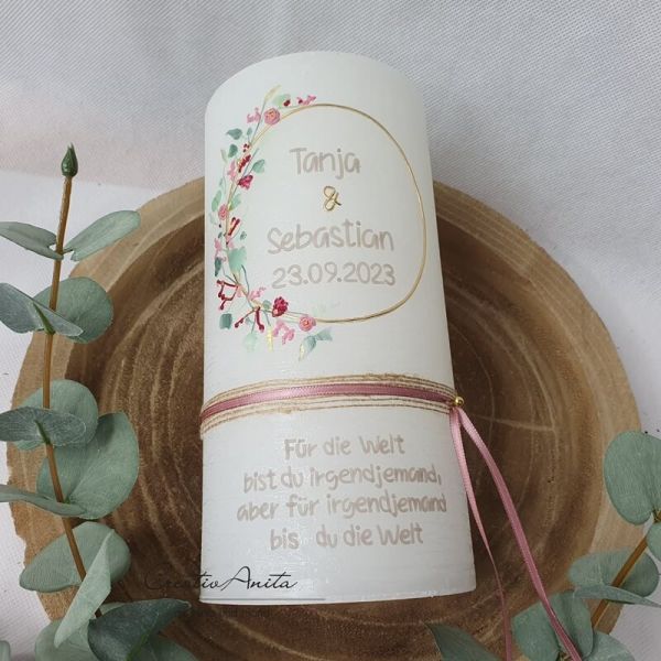 Hochzeitskerze Rustik weiß - zarte Blümchen altrosa-bordeaux