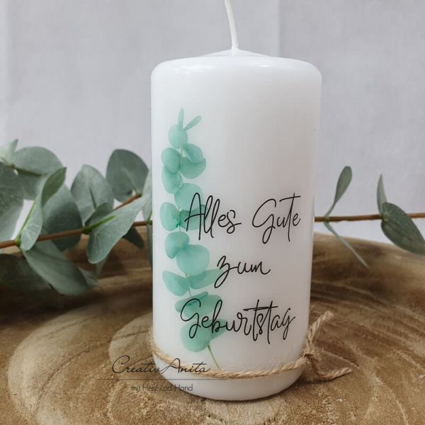 Geschenk - Kerze zum Geburtstag -Mitbringsel- Eukalypthus