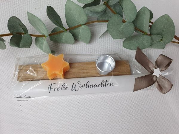 Geschenk zu Weihnachten - Stabkerze mit Kerzenhalter und Seifenstern ORANGE