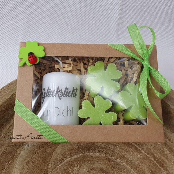 Geschenkbox mit handverziertem Kerzenset "GLÜCK" - Geschenk