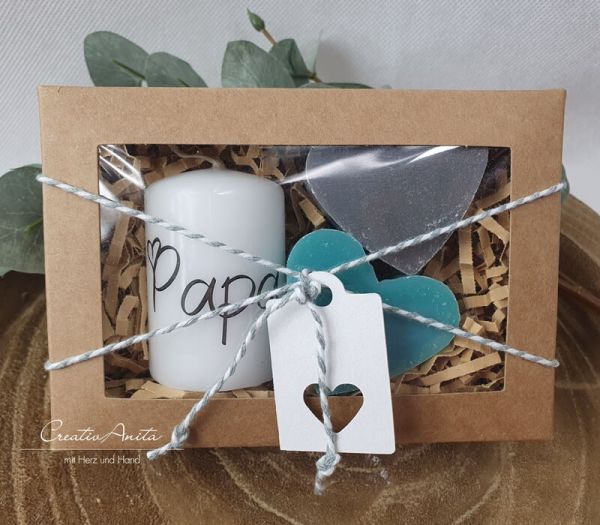 Handverziertes Kerzen-Set und Seifenherzen in Geschenkbox - Geschenk für PAPA - Kerzenset