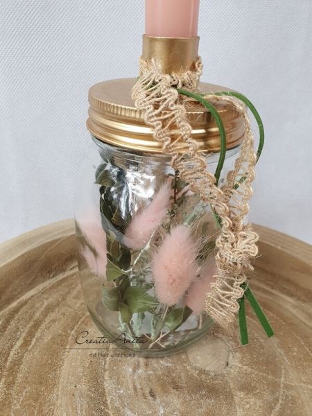 Kerzenständer - Glasflasche befüllt mit Trockenblumen Apricot-Grün