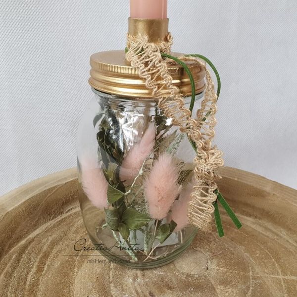 Kerzenständer - Glasflasche befüllt mit Trockenblumen Apricot-Grün