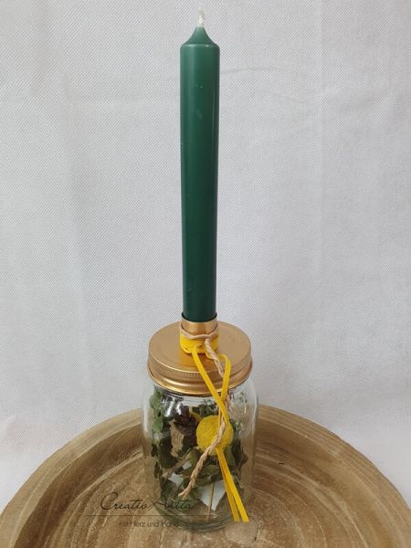 Kerzenständer - Glasflasche befüllt mit Trockenblumen Gold-Grün-Gelb