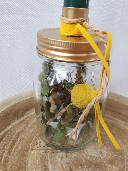 Kerzenständer - Glasflasche befüllt mit Trockenblumen Gold-Grün-Gelb