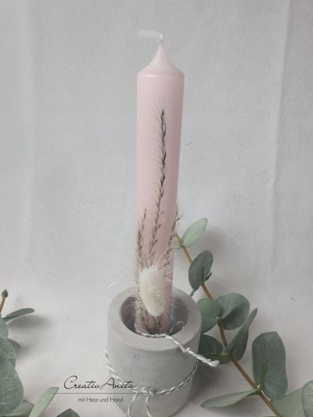 Handgemachter Kerzenhalter 2in1 - Stabkerzen- und Teelichthalter mit Kerze - dekoriert grau-rosa
