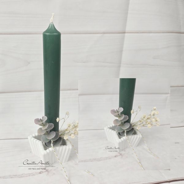 Stabkerzenhalter in Sternform mit Rillenoptik - Eukalypthus und Schleierkraut dekoriert -dunkelgrün-