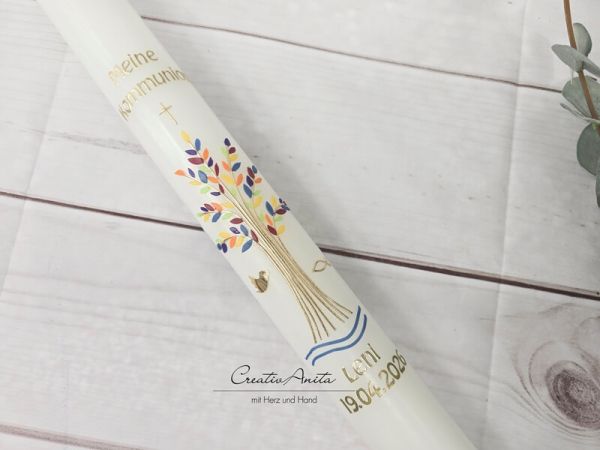 Kommunionkerze Baum bunt-gold oder in Wunschfarbe Kreuz, Wasser, Taube, Fisch