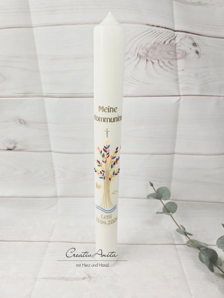 Kommunionkerze Baum bunt-gold oder in Wunschfarbe Kreuz, Wasser, Taube, Fisch