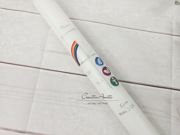 Kommunionkerze Regenbogen bunt-silber oder in Wunschfarbe Ähre, Taube, Fische, Kreuz