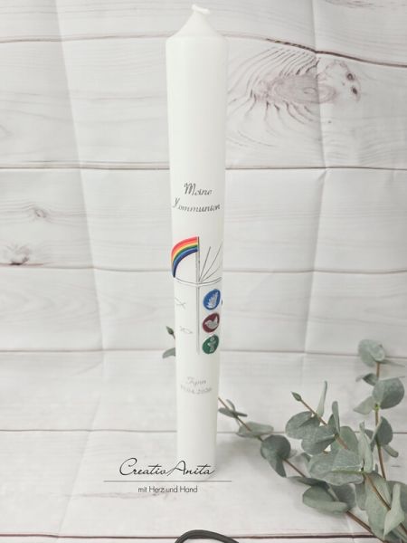 Kommunionkerze Regenbogen bunt-silber oder in Wunschfarbe Ähre, Taube, Fische, Kreuz