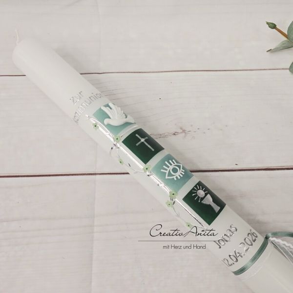 Kommunionkerze Quadrate mit Waldgrün-Grün-Grau-Eukalypthus mit christlichen Symbolen