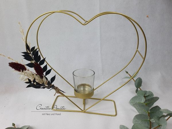 Krasilnikoff - Kerzenhalter Herzform Gold dekoriert mit Trockenblumen