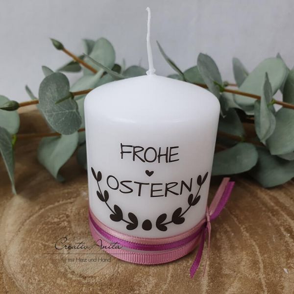Osterkerze - Geschenkkerze - Kerze Kranz "Frohe Ostern" - altrosa-beere Bänder