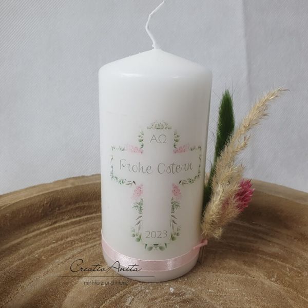 Osterkerze - Geschenkkerze - Kerze mit Blumen-Kreuz in pastellfarben
