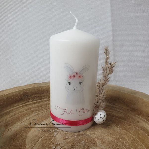 Osterkerze - Geschenkkerze - Kerze mit zuckersüßem Hasen in beere-grau