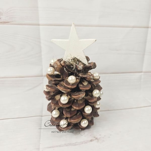 Pinienzapfen mit Perlen und weißem Stern Pinienzapfen mit Perlen und weißem Stern