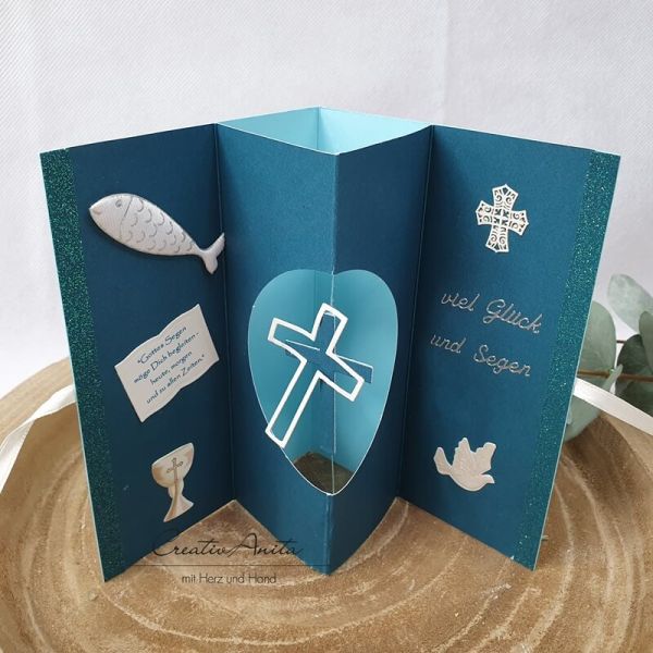 Besondere Glückwunschkarte - Popupkarte zur Kommunion - Konfirmation - Taufe, Blau-Petrol personalisiert