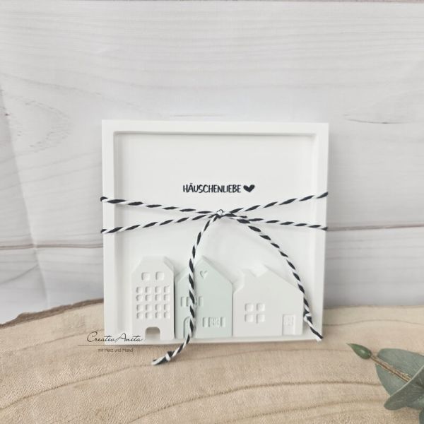 Handgemachte Schale bestückt mit Häuser in weiß-mint - quadratisch