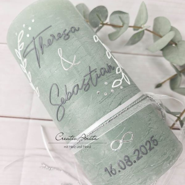 Hochzeitskerze Rustik mit/ohne Teelichteinsatz eukalypthus groß - Anthrazit & Silber, Blätter
