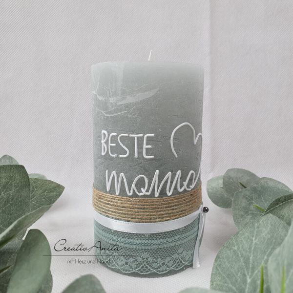 Muttertagskerze - Geschenk "Beste Mama" in Hellgrau - Mint