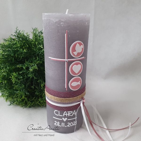 Taufkerze Rustikkerze Kreuz in grau-altrosa-weiß