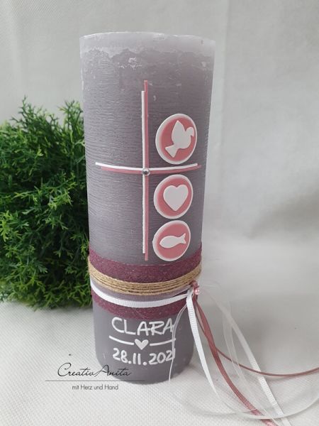 Taufkerze Rustikkerze Kreuz in grau-altrosa-weiß