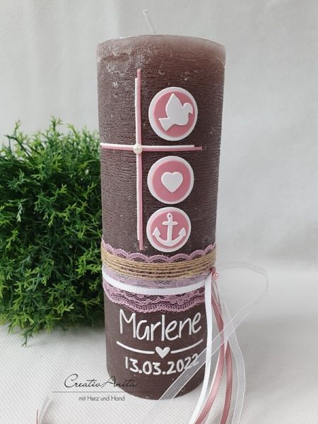 Taufkerze Rustikkerze Kreuz in altrosa-weiß