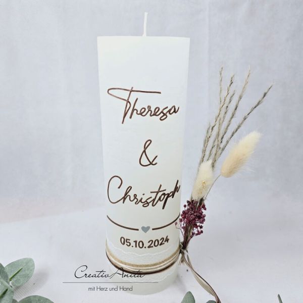 Hochzeitskerze Rustik weiß groß mit/ohne Teelichteinsatz - Schrift Braun metallic, Trockenblumen