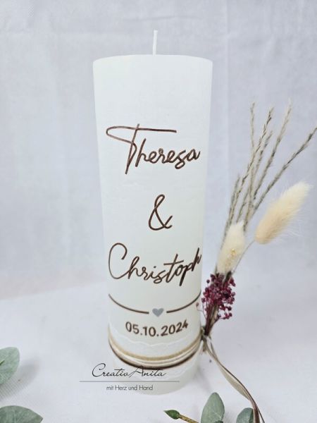 Hochzeitskerze Rustik weiß groß mit/ohne Teelichteinsatz - Schrift Braun metallic, Trockenblumen