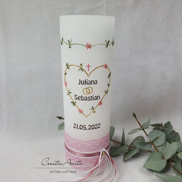 Hochzeitskerze Rustik weiß mit/ohne Teelichteinsatz - Blätterkranz