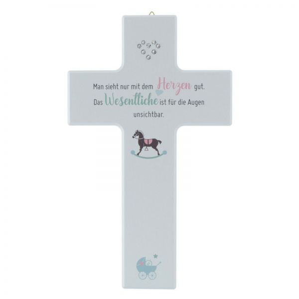 Kinderkreuz aus Holz weiß mit Herz aus Kristallsteinchen